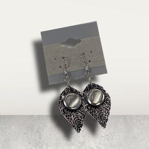 Earrings NEW handmade stamped hook dangle black silver grey stone minimalist art